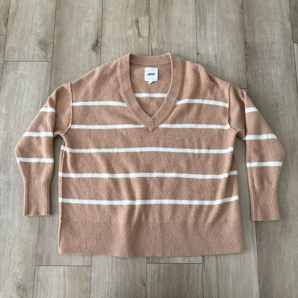 Aerie Women M‎ Tan Striped Cozy Lightweight Oversized Unreal V-Neck Sweater